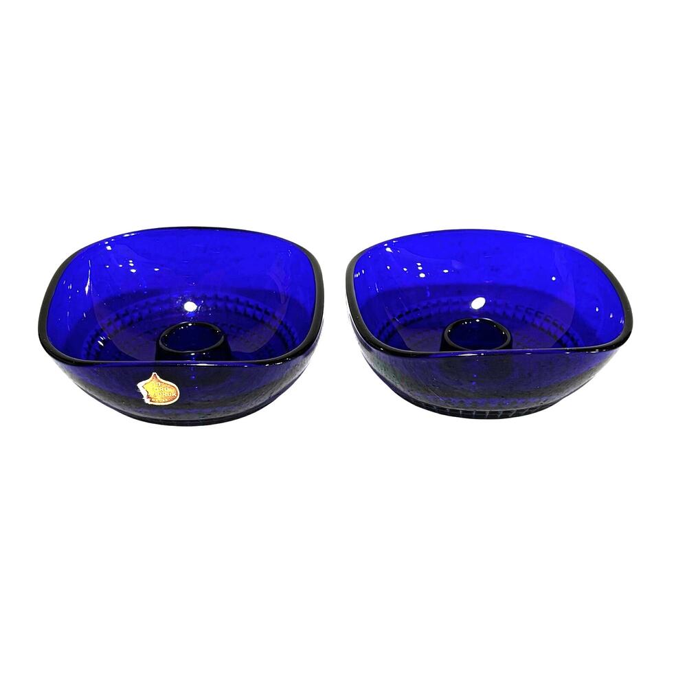 Cobalt blue Scandinavia Sweden Glass bowl candle holders pair AB Nybro Glasbruk